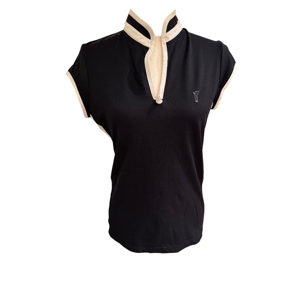 Golfino Black Short Sleeve Zip Polo Top Women’s M/L | Contrast Trim Golf Shirt